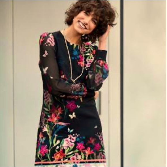 Next Women's Black Floral Green Border Print Sheer Sleeve Dress - Picture 2 of 2